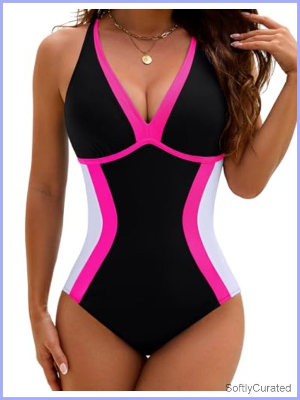Tummy Control One Piece Swimsuit Color Block Shapewear High Stretch